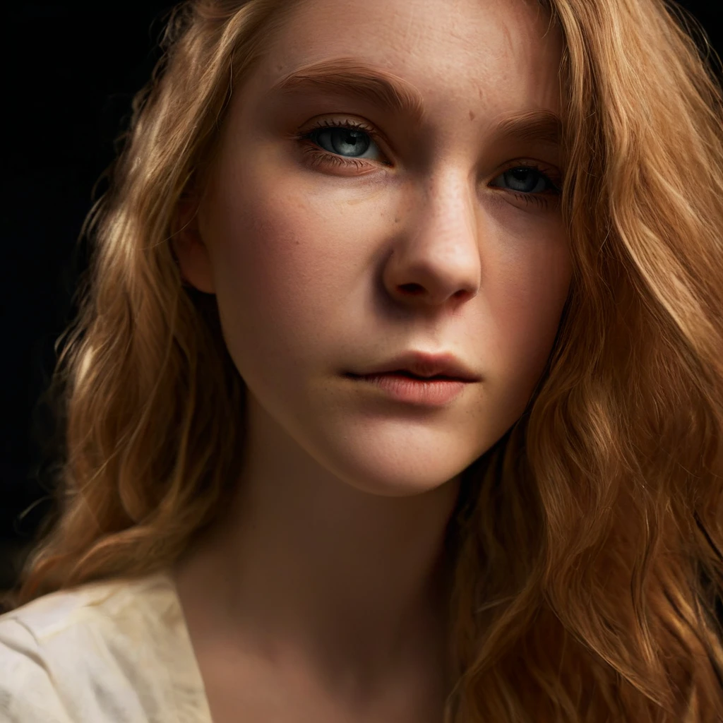 A beautiful young girl, extremely detailed eyes and face, long eyelashes, delicate facial features, porcelain skin, looking directly at the viewer, elegant expression, flowing hair, intricate details, chiaroscuro lighting, hyperrealistic, oil painting, cinematic, dramatic, warm color palette, dramatic shadows, vibrant colors, photorealistic, 8k, ultra-detailed, masterpiece