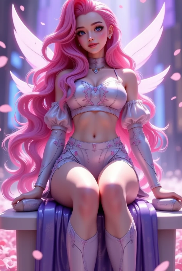 (((  A woman sits on a throne，Long pink hair， blue eyes，)))，，Skin design   ，((Puff sleeve mecha +Short skirt))，   perfect figure  ， Game Light Effects , Soft Light, ，invisible wings，Pink Dream，petal