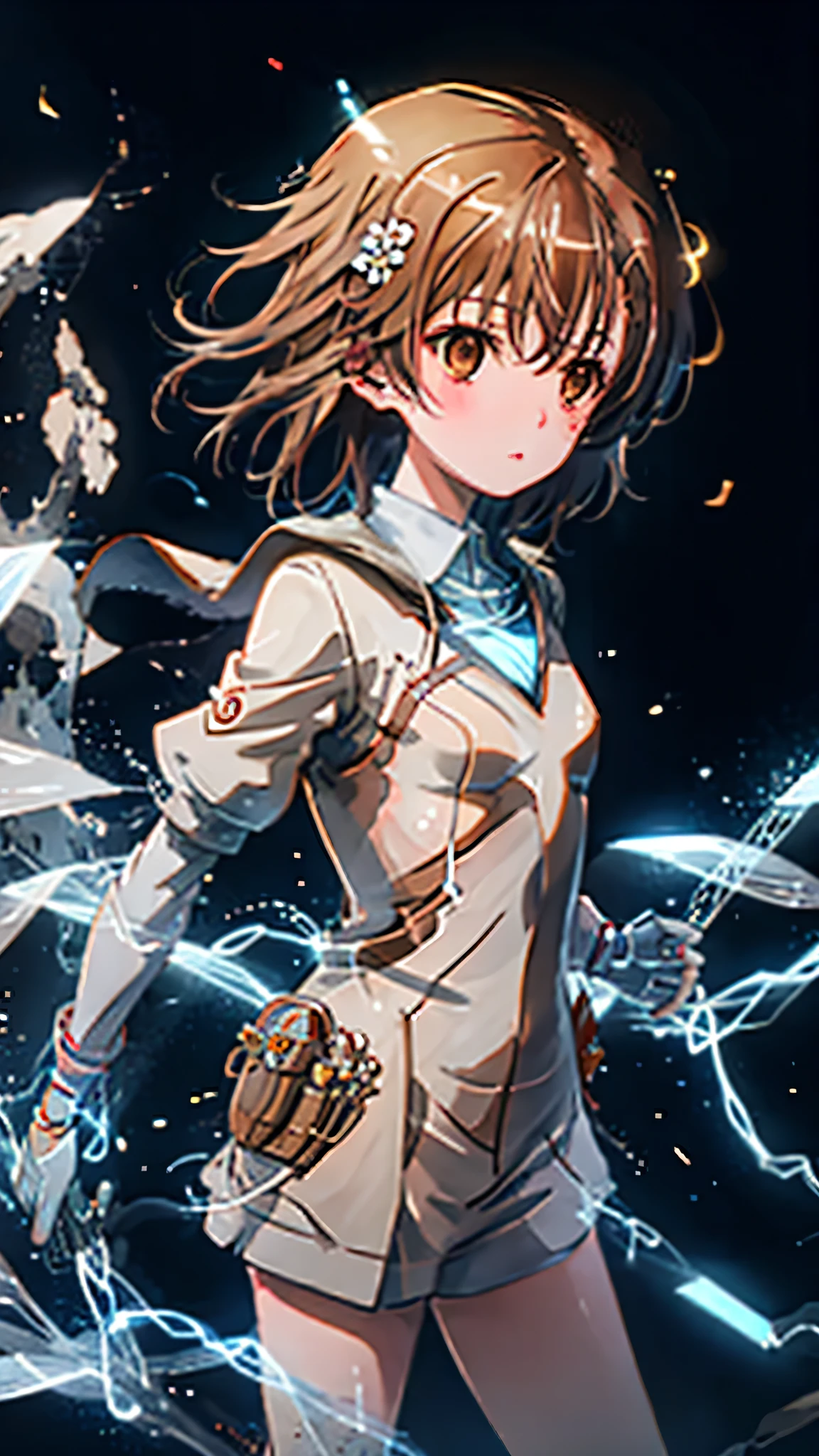 1girl, High Resolution, misaka mikoto, electrokenesis, fantasy,brown hair,detail background, Hair Ornament, Cinematic Lighting, 