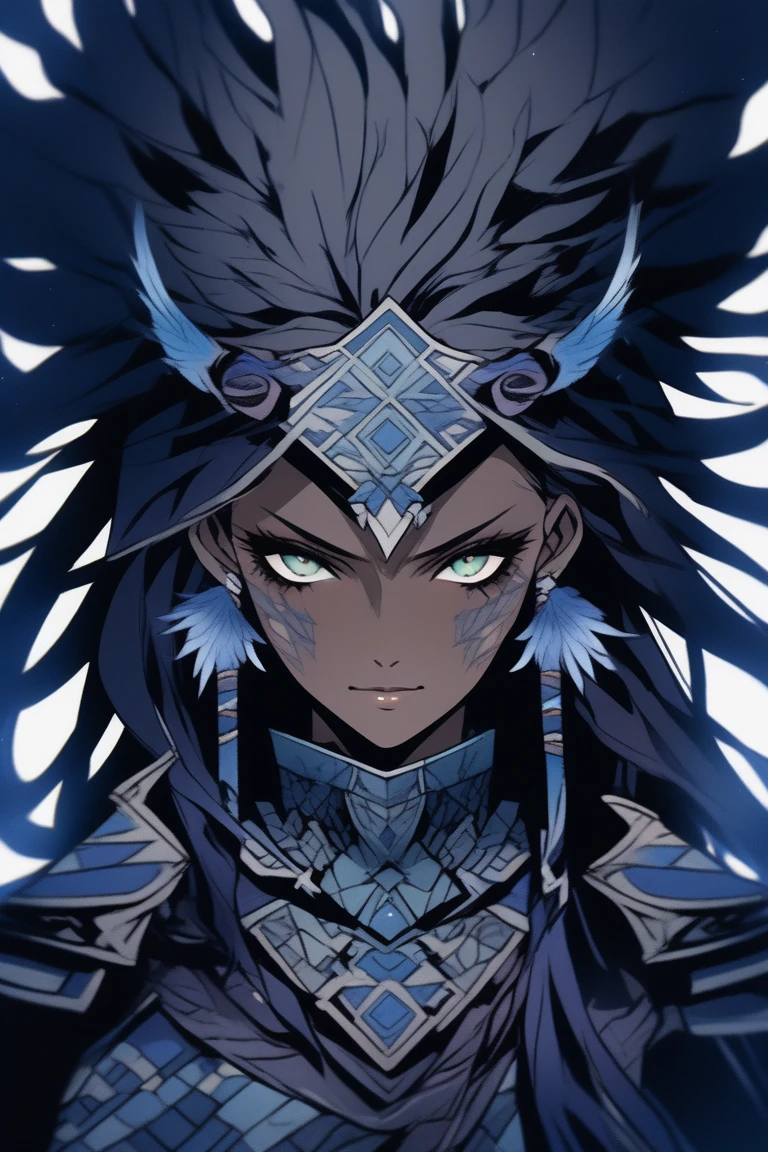 A manga-style female berserker character with a unique, mystical appearance and fierce, battle-ready energy. She has asymmetrical floating hair inspired by smoke with long and short strands irregularly mixed, adding a wild, ethereal look. Her eyes are multi-layered, with star-like patterns and hexagonal irises, giving her an otherworldly, intense gaze. Dramatic shadows around her eyes add gothic intensity. Her expression is a subtly unsettling smile with an arched eyebrow and a challenge in her eyes, mixing confidence and mystery with a touch of fury. She wears tribal-inspired armor with geometric, origami-like layers, combining feathered edges and floating pieces, as though supported by an invisible force. The armor has jagged, leaf-like designs to emphasize her fierce nature. Simple background to emphasize her design.