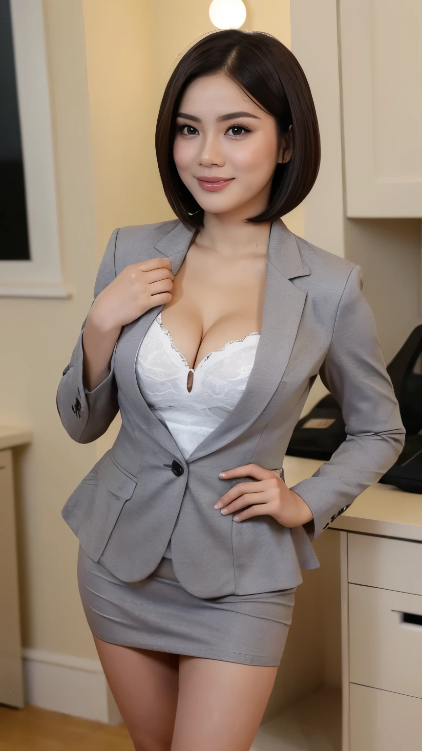 RAW, Best quality, high resolution, masterpiece: 1.3), 1 beautiful indonesian girl ,Masterpiece, medium breast, short bob hair, cleavage, Soft smile,thick thighs, close up of a woman, girl in sexy office suit, wearing a sexy grey peplum blazer, cleavage cutout, grey mini skirt, sexy office clothes, office room, seducing standing pose, full body, naughty smile,Excellent lighting, Bright colors, Clean lines), seductive standing pose, high heels, side view