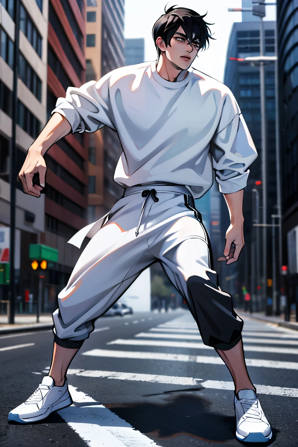 Character Design, male, 20 years old, black hair, modern clothes, white sweater, black pants, white shoes, ((masterpiece)), 4K, 8K, 16K, UHD, Ultra HD, Ultra detailed, dynamic pose, MMA Fighting