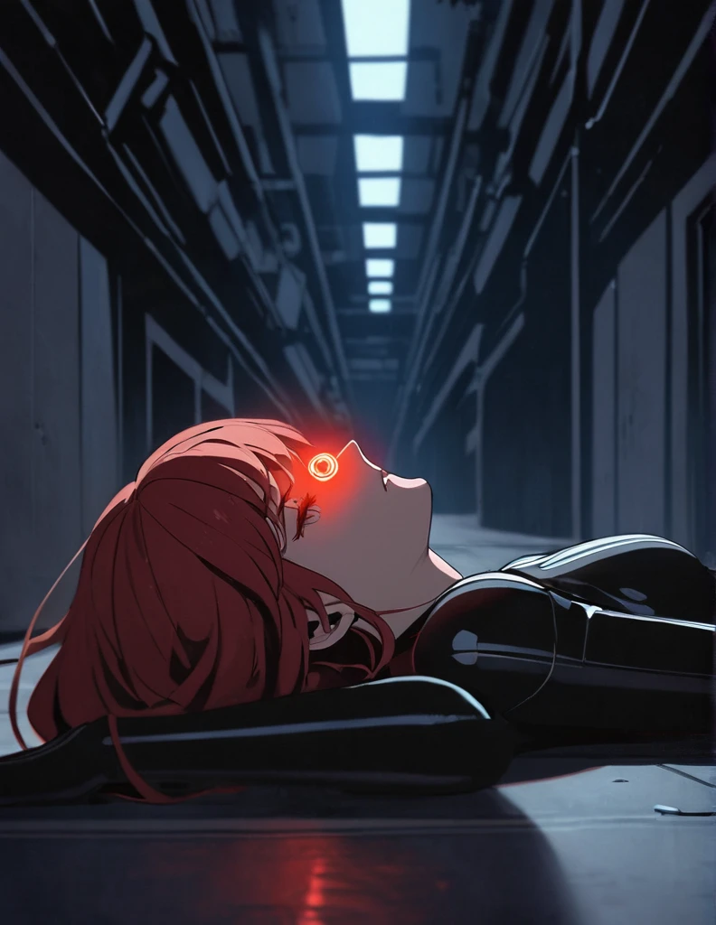 Pale Middle aged red haired Woman wearing a black sci-fi body suit.  She has a nervous and shocked expression on her face. She is laying on her back on the floor in a darkend  industrial hallway.  A red glowing orb is floating above her . Glowing lines  come  from the orb and pierce into  the woman’s chest.