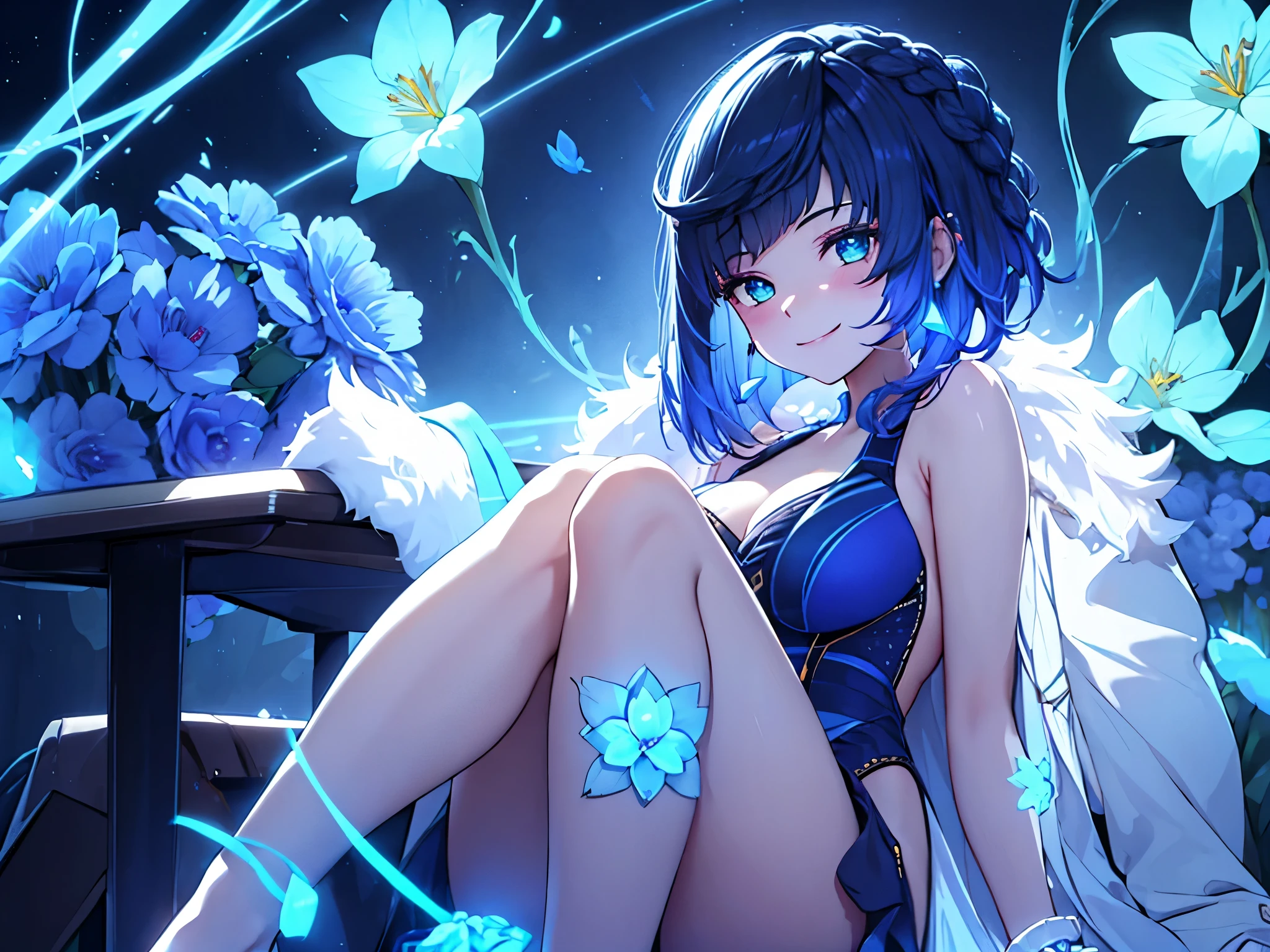 ((Sole female)), Yelan, sitting, smiling, blushing, blue flower, glow effect, glowing hairs, glowing flower, pale face