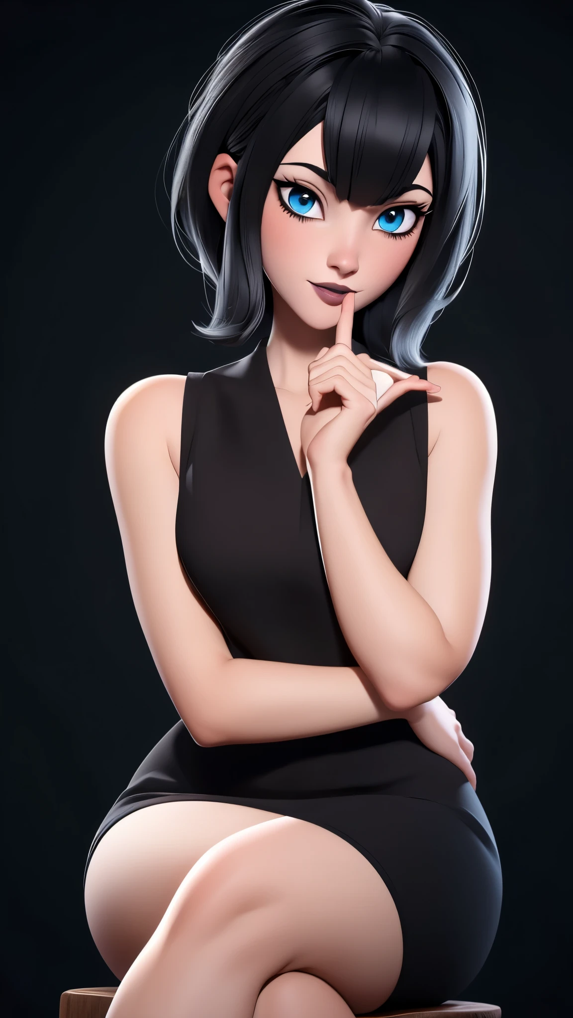 (best quality:1.4),(shiny skin), body focus, (cute face), (((best quality))), illustration, ((Beautiful Finger)), , Beautiful body, Beautiful character design, ,perfect lighting, Colorful, Bright_Front_face_Lighting, ultra high res, highres, absurdres:1.2, bokeh:1.2, lens flare, (vibrant_color:1.2), (thick thighs:1.1), THICK, Black hair with bangs, pale skin, large round blue eyes, black eyeliner, black lipstick, neutral expression, brown sleeveless dress