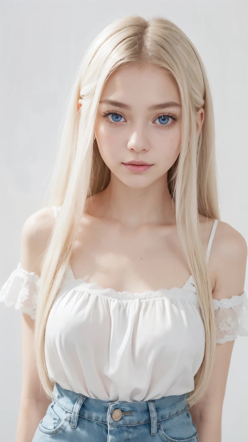 (((Shorts、blouse、White background)))、forehead、Northern Europe、Russia、beautiful girl、Platinum Blonde Hair、Straight long hair、Hitting the face and front of the eyes、Big blue eyes、Sheer white and wet nightgown、Youth in Northern Europe、Perfect body、White tendons、Glowing Skin、Young and beautiful skin、A perfect and beautiful little face、Bright makeup、Pale pink lips、Bright expression、****************、lipstick、Deceptive advertising、Viewer&#39;s vision、Golden Hour Lighting、Bokeh Atmosphere Perspective、detailed、Movie Light、complex detailed、High resolution、 detailed characteristics of face design、Attention to detail、Clear focus、Smoothness、aesthetics、Printed、Octane、{{masterpiece}}