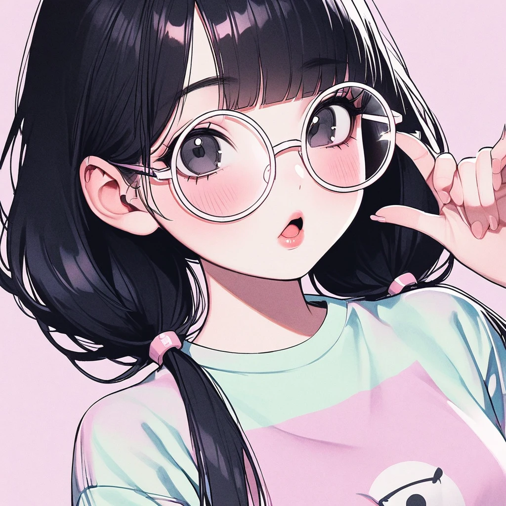 Tiny girl, black hair, black eyes, beautiful, nerdy t-shirt, pastel colors, face close-up, flat, lipgloss, brat, big round glasses, korean, wide mouth, submissive, straight bangs, looking up, pink cheeks, pigtails, nerdy, holding finger up