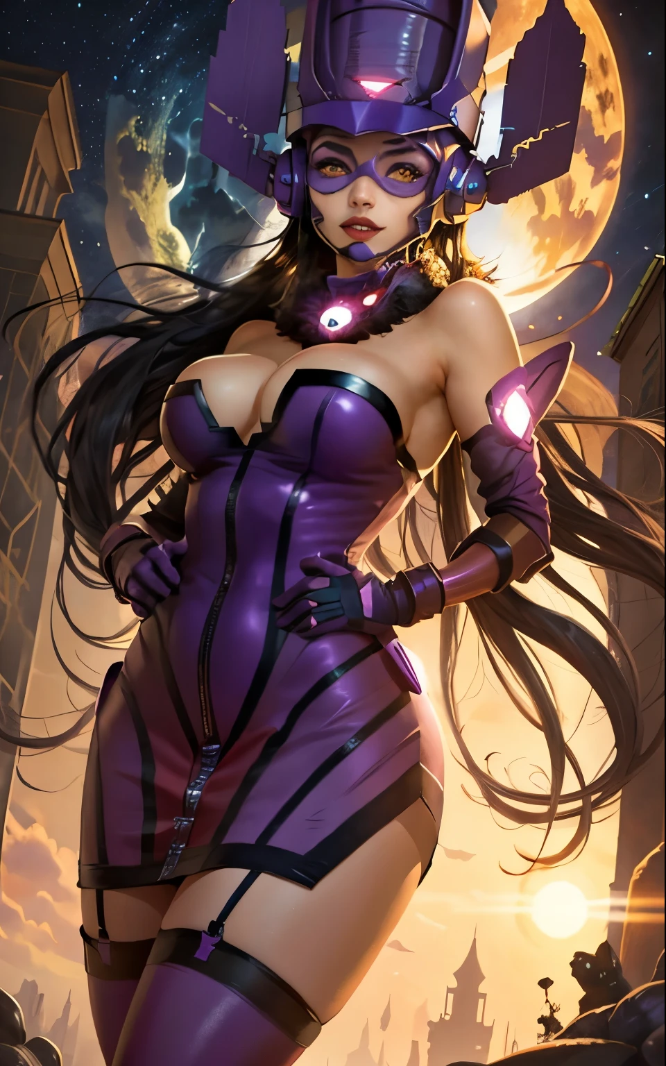 Cartoon photo of a woman in a beautiful purple costume、Hot insect humanoid female、a person々takeout、Guyver Style、SFW version、Cel Shade Adult Animation、Alien Queen、