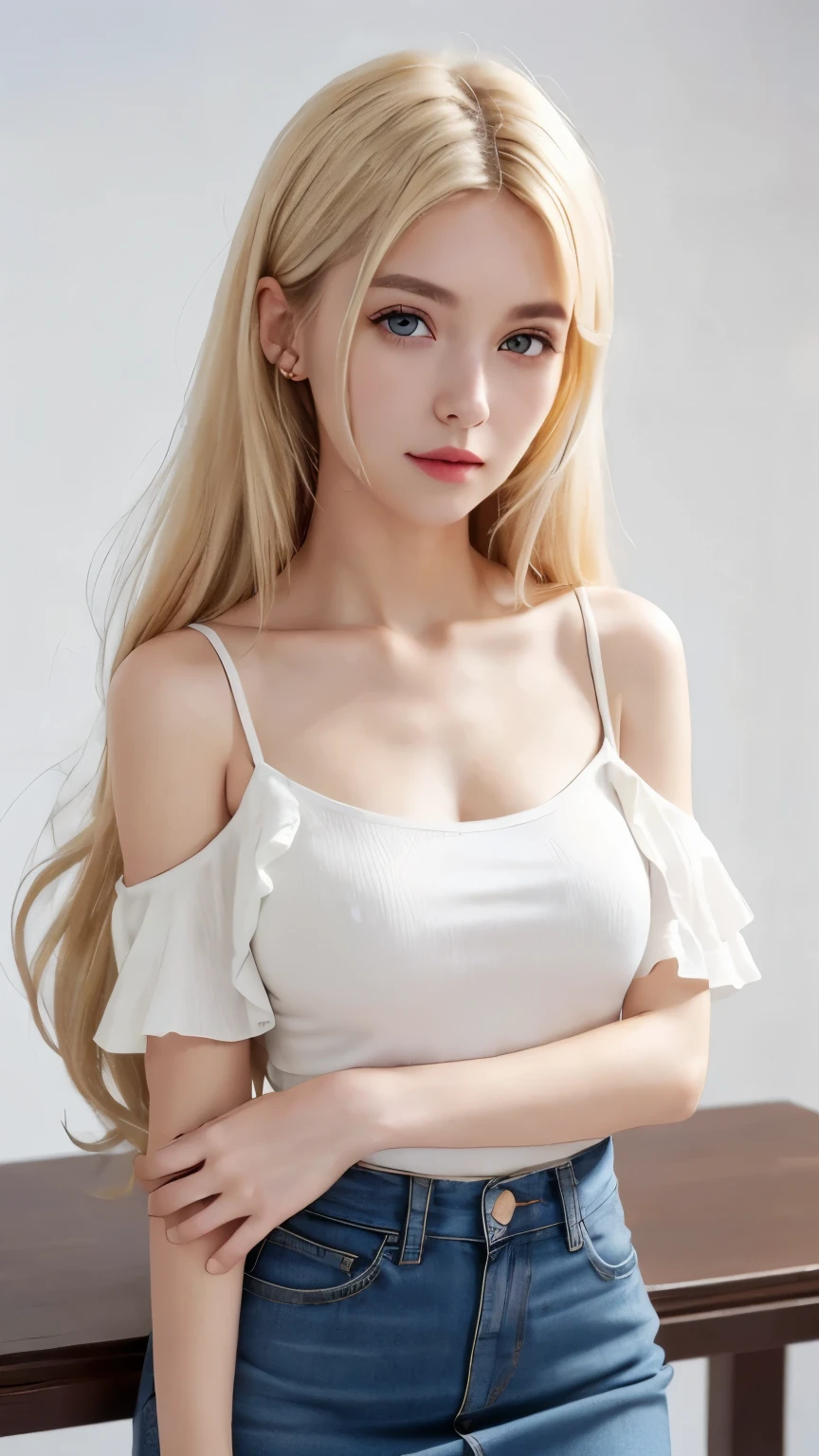 (((forehead、White Blonde Hair、Northern Europe、White people、beautiful girl、Blonde、White background、Tank top、Off-the-shoulder blouse、mini skirt、long hair、Perm)))、table top, highest quality, figure, super detailed, finely, High resolution, 8k wallpaper, Perfect dynamic composition, detailed and beautiful eyes, Deco out,bionde, medium hair, super big breasts, Natural color lip,white background, random cute poses,frill dress