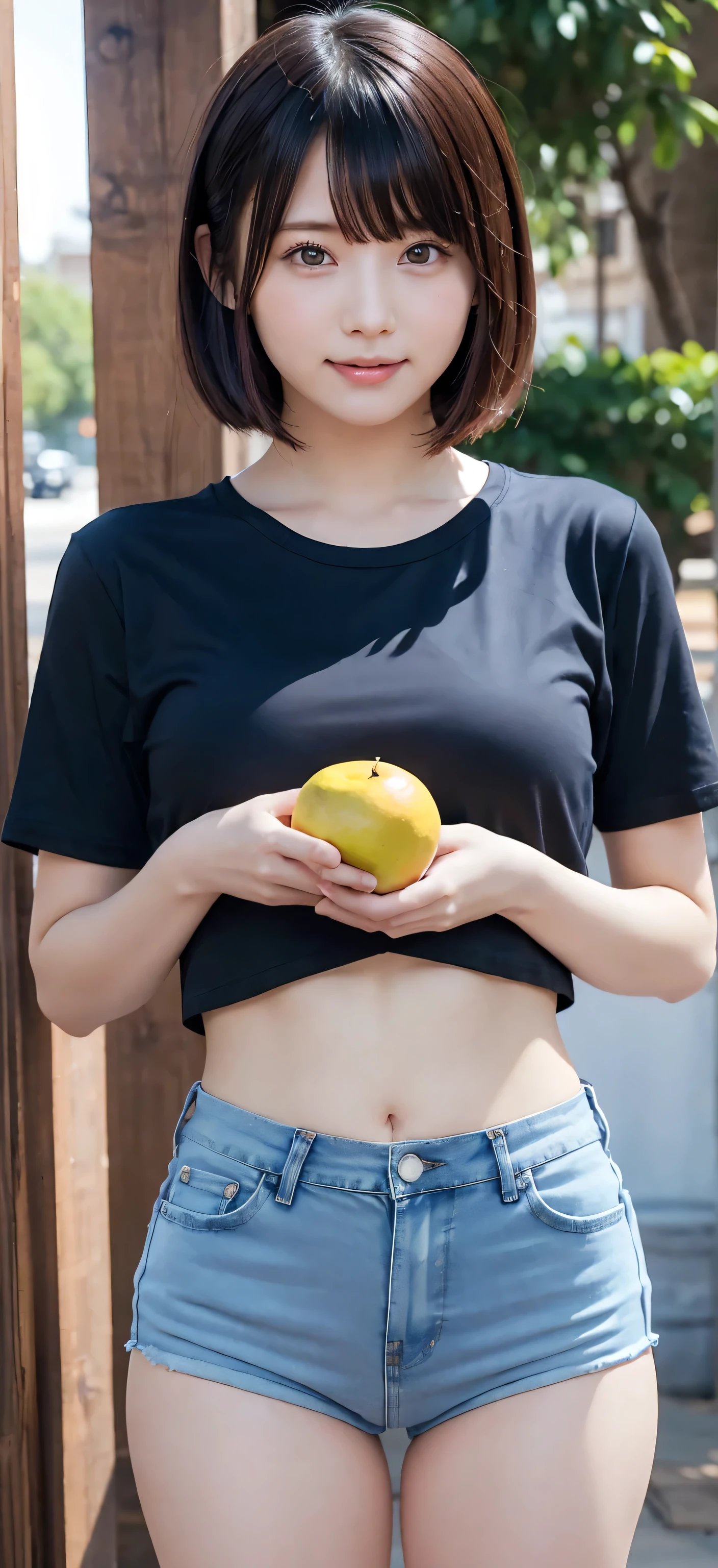 (  BEAUTIFUL GIRLS,  Holding fruit  :1.5), (  black cropped t-shirt  ,     Low Waist Tiny Denim Hot Pants :1.3), (18 years old:1.3), break, (   Farmers' Market Background   ), break, Shy laugh, ,       very beautiful eyes      , (Symmetrical eyes:1.3), break,     Brown Eyes    、Straight nose,     Split Bangs  ,     brown bob cut    :1.3, Round face, cute, break, (Eyes and face     Details:1.0), Shoot from below:1.3, pussy line,    camel toe   ,     looking at the camera , masterpiece,   RAW Photos, Realistic, cute people々,     Details boundary,   kampala  , Very     Detailsな,     Details, Very     Details, Very     Details,  SharpEye ,    movie writing   , whole body