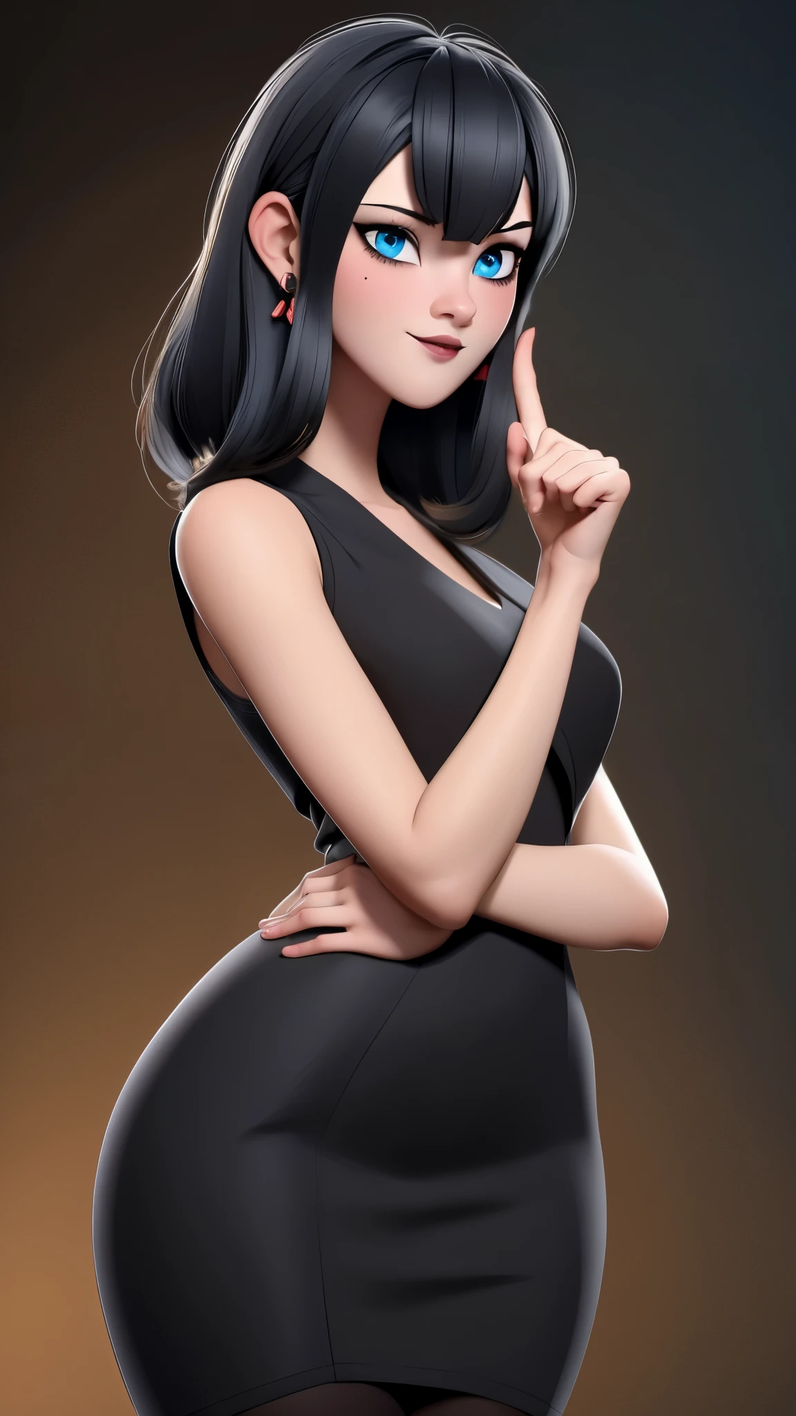 (best quality:1.4),(shiny skin), body focus, (cute face), (((best quality))), illustration, ((Beautiful Finger)), , Beautiful body, Beautiful character design, ,perfect lighting, Colorful, Bright_Front_face_Lighting, ultra high res, highres, absurdres:1.2, bokeh:1.2, lens flare, (vibrant_color:1.2), (thick thighs:1.1), THICK, Black hair with bangs, pale skin, large round blue eyes, black eyeliner, black lipstick, neutral expression, brown sleeveless dress