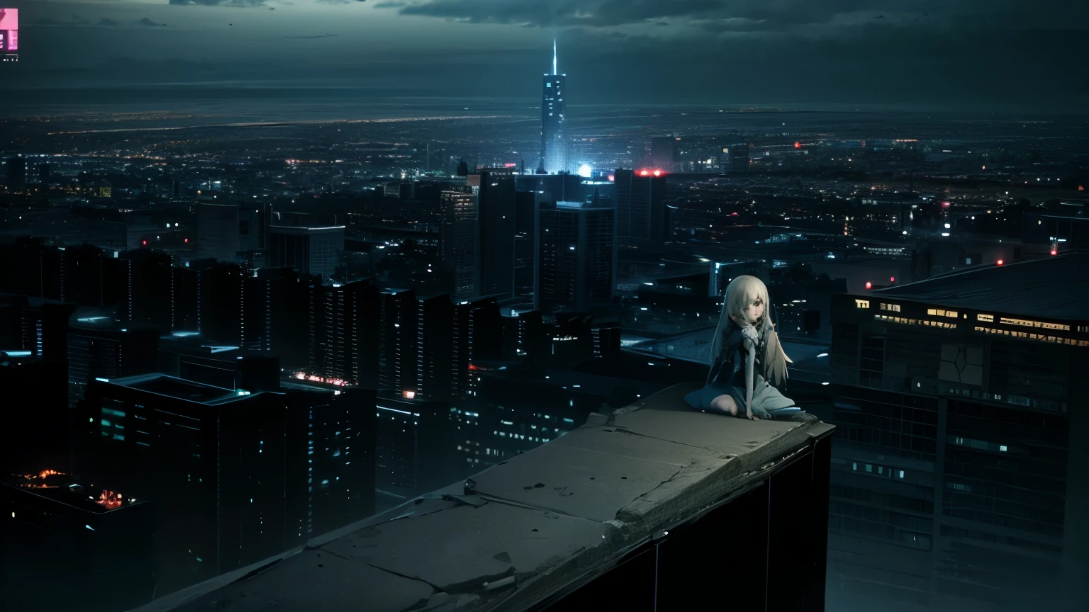 cute angel girl in the distance among ruins, looking down with sad eyes at the cityscape, (best quality,4k,8k,highres,masterpiece:1.2),ultra-detailed,(realistic,photorealistic,photo-realistic:1.37), somber atmosphere, ruins