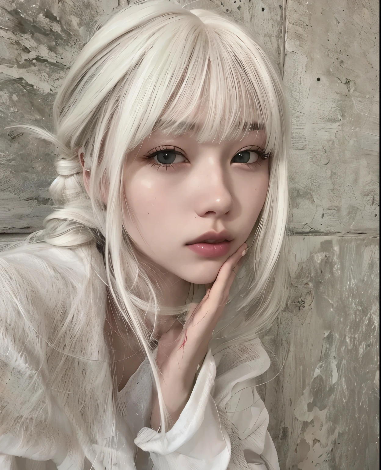 Blonde woman with long hair and a white shirt posing for a photo, white fringe, long white hair and bangs, cabelo white fringe cabelo, white fringe, white hime cut hairstyle, white and fringy hair, girl with white hair, white hair pretty face, perfect girl with white hair,  with long white hair,  Beautiful white hair , her hair is white, pale hair