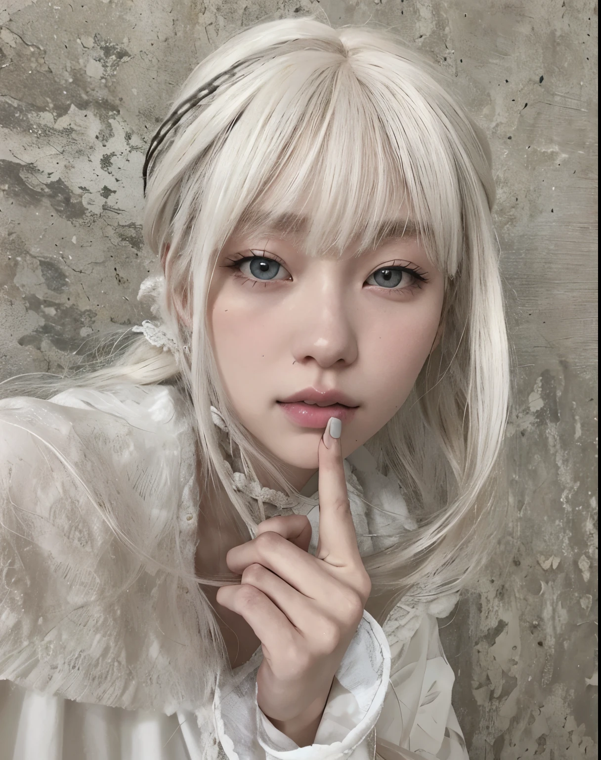 Blonde haired girl with a white dress and a white headband, Branch Range, longos cabelos brancos e franja, Hair Branching Band Hair, branco hime corte penteado, Ulzzang, com cabelos longos brancos, Branch Range, pale hair, pale porcelain white skin, com longos cabelos brancos, cabelo prateado, Shikami, linda Delphine, Lalisa Manobal