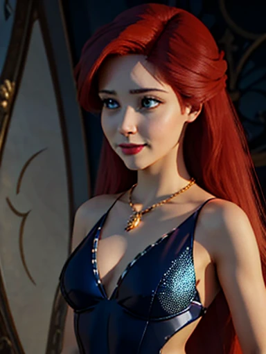  The artwork in the image is a highly detailed and sharp realistic 3D HD anime .  The character's face is not cartoonish .,  leaning more towards a surreal style . A woman named Froy , , Her hair is long and red .,  and her beauty is breathtaking . His eyes are light blue,  and her eyes are seductive .  Her tail is navy blue with shiny scales .  She doesn't swim in water ; Instead,  flies through the skies .  She wears red garments that cover her chest ,  and her outfit is sexy and seductive .  It also wears gold shoulder pads and a gold necklace with a dark blue stone that has details similar to the stars inside.  She is in a relaxed pose ,  but with a seductive and mischievous smile .  The artwork in the image is a highly detailed and sharp realistic 3D HD anime .  The character's face is not cartoonish .,  leaning more towards a surreal style .

INFO