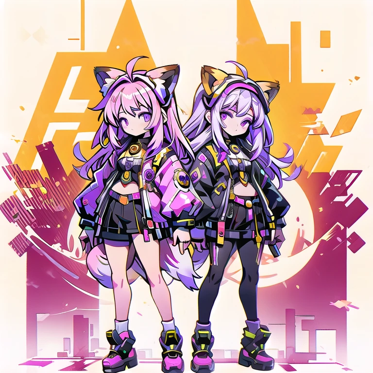  anime-style image of  (((Two girls with fox ears and purple eyes ))) And pink and yellow hair with an open mouth,  conceptual art  by Kamagurka, pixiv, hairy art,  full body commission for ,  feminine furry mini fluffy style , cute art style, em alta no artstation pixiv, moon themed outfit, symmetry!!  conceptual art , jazza e rossdraws,  high quality anime art style . white background.