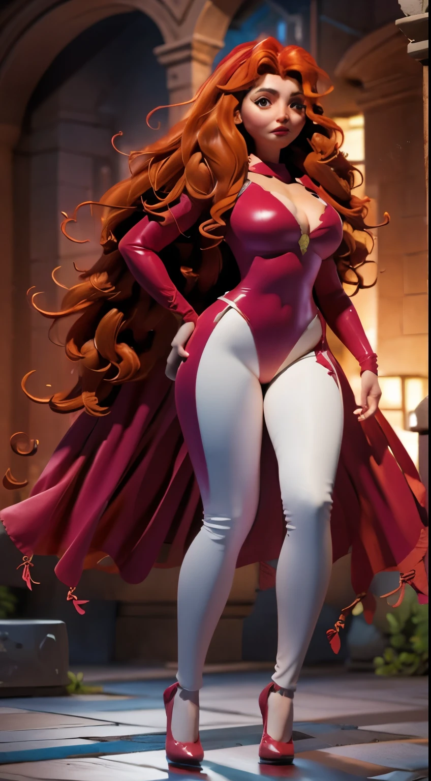sorceress. sexy white robe, black panties, red hair, blank background