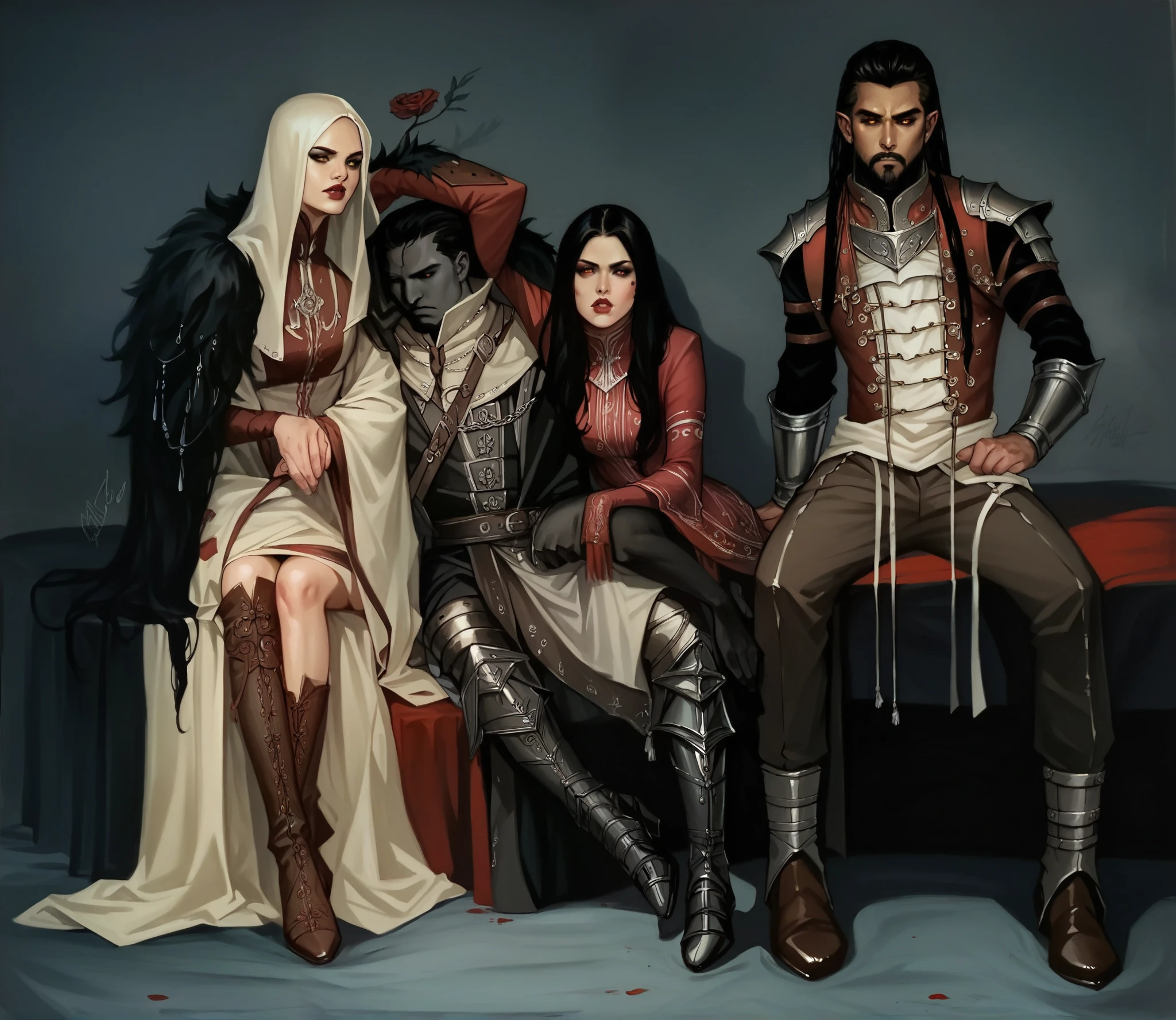 score_9, score_8_up, score_8, rating_safe, traditional art, group of people, drow, dark elves, 1girl, 2boys, adamhughesstyle, minkostyle, realistic, black hair, medieval vibrant clothes, hyper detailed, hyper detailed gouache painting, black sclera, demoness