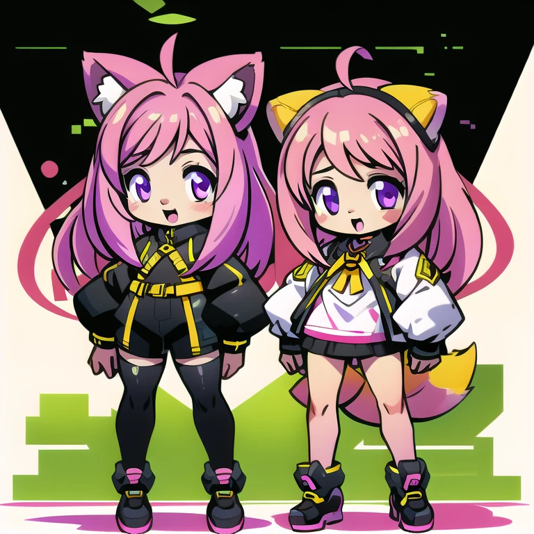  anime-style image of  (((Two girls with fox ears and purple eyes ))) And pink and yellow hair with an open mouth,  conceptual art  by Kamagurka, pixiv, hairy art,  full body commission for ,  feminine furry mini fluffy style , cute art style, em alta no artstation pixiv, moon themed outfit, symmetry!!  conceptual art , jazza e rossdraws,  high quality anime art style . white background.