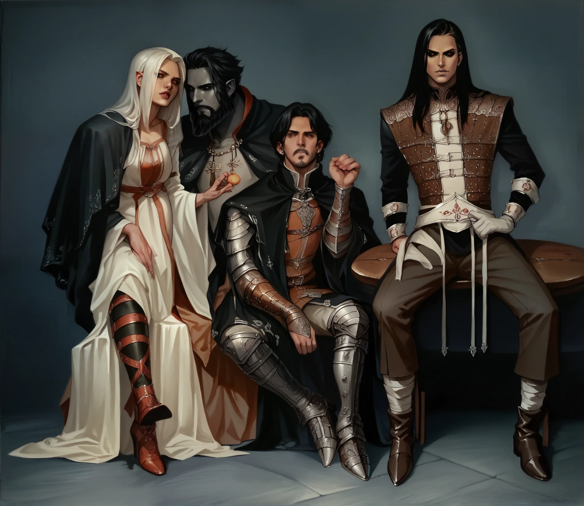 score_9, score_8_up, score_8, rating_safe, traditional art, group of people, drow, dark elves, 1girl, 2boys, adamhughesstyle, minkostyle, realistic, black hair, medieval vibrant clothes, hyper detailed, hyper detailed gouache painting, black sclera, demoness