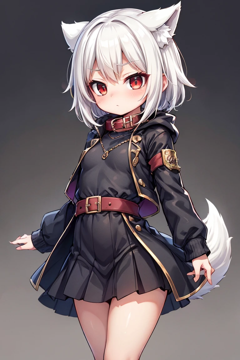 the best quality, 4k, masterpiece, a girl, mini breast, red eyes, white hair, short-medium hair, wolf girl, white tail, black long coat, black long skirt, black belt, red collar, black clothes