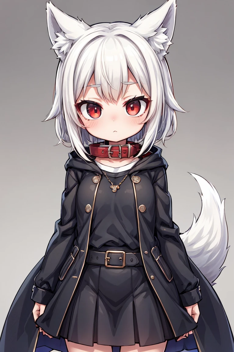 the best quality, 4k, masterpiece, a girl, mini breast, red eyes, white hair, short-medium hair, wolf girl, white tail, black long coat, black long skirt, black belt, red collar, black clothes