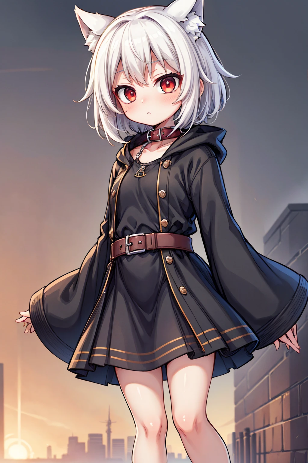 the best quality, 4k, masterpiece, a girl, mini breast, red eyes, white hair, short-medium hair, wolf girl, white tail, black long coat, black long skirt, black belt, red collar, black clothes