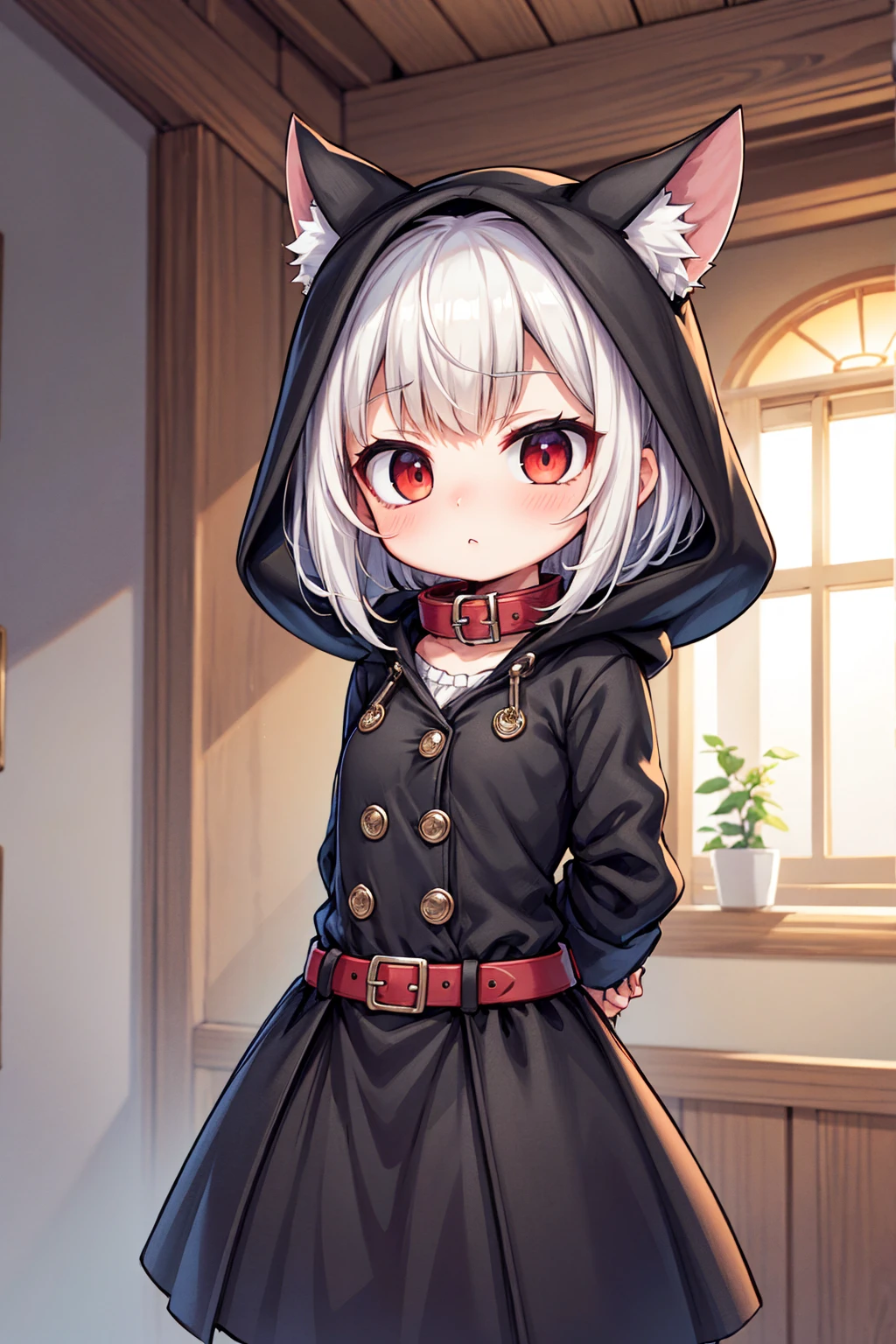 the best quality, 4k, masterpiece, a girl, mini breast, red eyes, white hair, short-medium hair, wolf girl, white tail, black long coat, black long skirt, black belt, red collar, black clothes