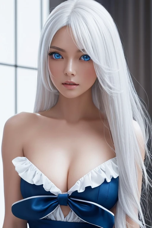 A hyper-realistic image of a beautiful Japanese woman with striking long, straight ((white hair)) that cascades over her shoulders in soft, loose waves. Her hair is adorned with a black bow, adding a touch of contrast to her overall elegant appearance. Her large, captivating (((blue eyes))) are one of her most defining features, radiating depth and emotion even as she gazes off to the side with a serious, thoughtful expression.

She is wearing a white blouse with delicate ruffles on the shoulders, adding a soft, feminine touch to her sophisticated look. The blouse subtly accentuates her large breasts, fitting her form in a graceful and elegant manner without being overly revealing. The simplicity of the white background emphasizes her striking appearance, allowing the focus to remain on her expressive features and refined style.

The overall composition is clean and polished, with the neutral background creating an air of sophistication, placing all emphasis on her captivating beauty, calm demeanor, and the subtle details of her outfit and hair.