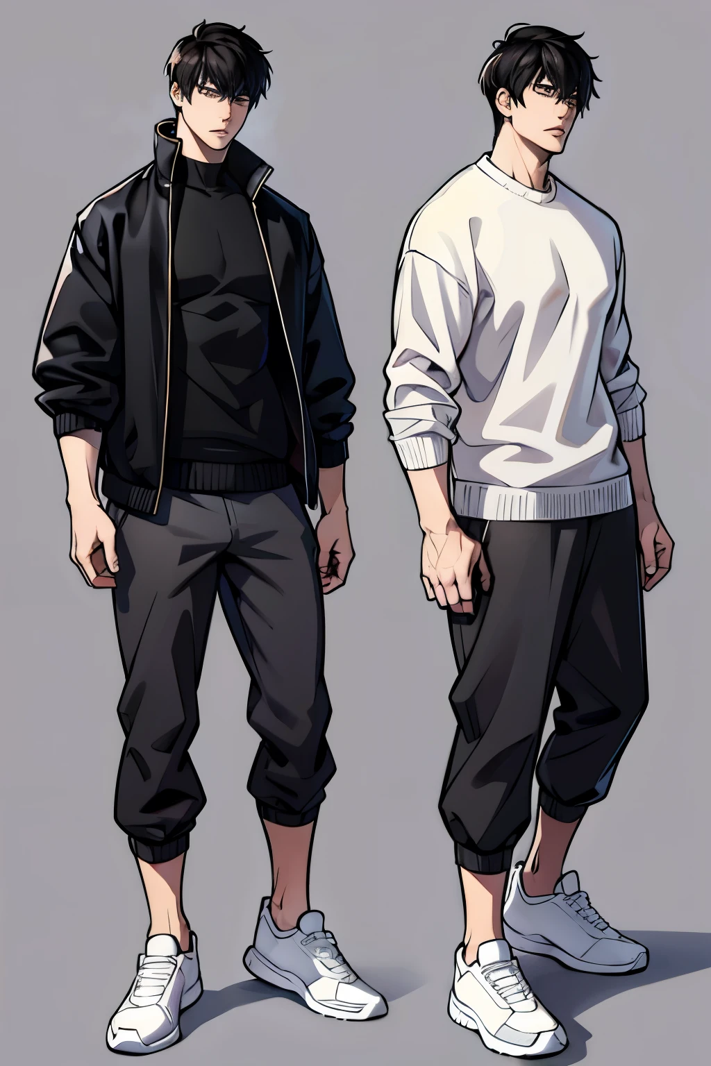 Character Sheet, Character Design, male, 20 years old, black hair, modern clothes, white sweater, black pants, white shoes, ((masterpiece)), 4K, 8K, 16K, UHD, Ultra HD, Ultra detailed