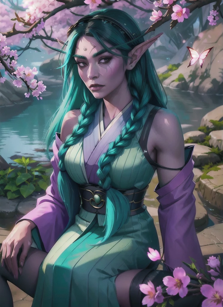 1girl, beautiful tyrande sitting on ivy chair, aqua hair, twin braids, black eyes,solo, 1girl, long_hair, flower, hairband, blunt_bangs, japanese_clothes, bangs, black_hair, upper_body, looking_at_viewer, expressionless, cherry_blossoms, kimono, black_eyes, forest, looking at viewer, volumetric lighting, flowers, glowing butterflies, best quality, masterpiece, realistic, 