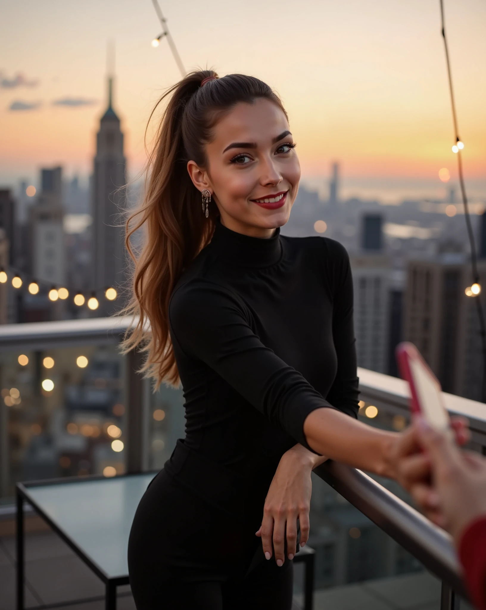 Gaia is stylish young influencer in her late 20s is standing on a rooftop terrace overlooking a bustling cityscape at sunset. She’s dressed in a sleek, minimalist outfit: a fitted black turtleneck, high-waisted trousers, and elegant heels. Her hair is brown, styled in a high ponytail, and she wears subtle, glowing makeup with a matte red lip. She’s holding a smartphone as if preparing to take a selfie, with a confident, friendly expression. Around her, string lights glow softly, casting a warm ambiance over the scene. Behind her, the skyline glistens in the golden hour light, with tall buildings and a few wispy clouds enhancing the atmosphere of a chic urban evening. ((anti:1.5))