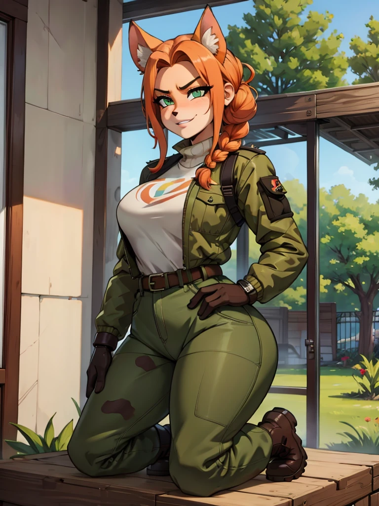  Furry, sancy anthro bandicoot girl redhead, braided hair, beautiful green eyes, sexy, seductive, camouflage jacket, tactical gloves, camouflage pants, army boots, smirking,, dirty wintter atmosphere, anthro bandicoot girl redhead, braided hair, beautiful green eyes, sexy, seductive, warm sweater,  tactical gloves, tactical camouflage pants, army boots,