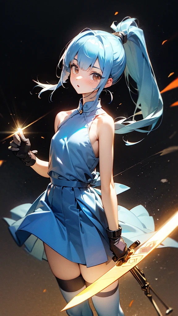 ((masterpiece,Best Quality:1.3,best quality illustrations)),cowboy shot,1woman,adult,(ponytail),straight long hair,light_blue hair,(very small head:1.2),bangs,gorgeous eyes,brown eyes,blush,(very long body:1.1),small breasts,( dark blue tank mini dress ,white_thighhighs),navy blue fingerless gloves,slender body,toned body,shiny skin,(With a glowing sword、 holding the sword pattern correctly:1.2、Accurately drawn hands:1.2),Fighting posture with a sword 、on street,Shinjuku、Tokyo、