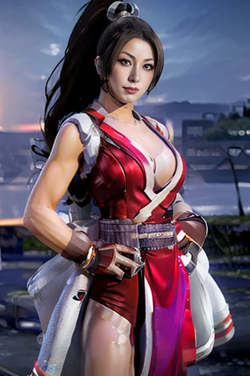 ( Best Quality ), (Mai Shiranui), (Overall view)     beautiful and sexy young woman , 18 years old,      toned and muscular    ,  With a cool and handsome face    , SharpEye, Big Breasts, Kamen Rider costume