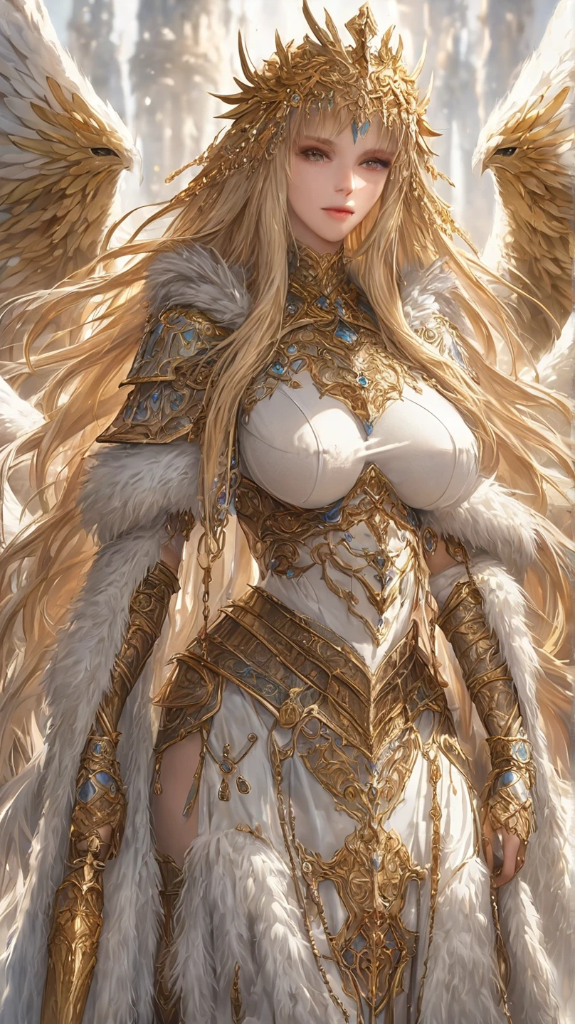  Best quality , fantasy,  Cinematic image , detailed image,  detailed body ,  detailed face, detailed beautiful golden eyes, very long fluffy golden hair , long fluffy eyelashes,  Beautiful woman ,  Big chest , Angel, knight, guardian, Slavic appearance,  athletic build , крылья Angelа,  full length 