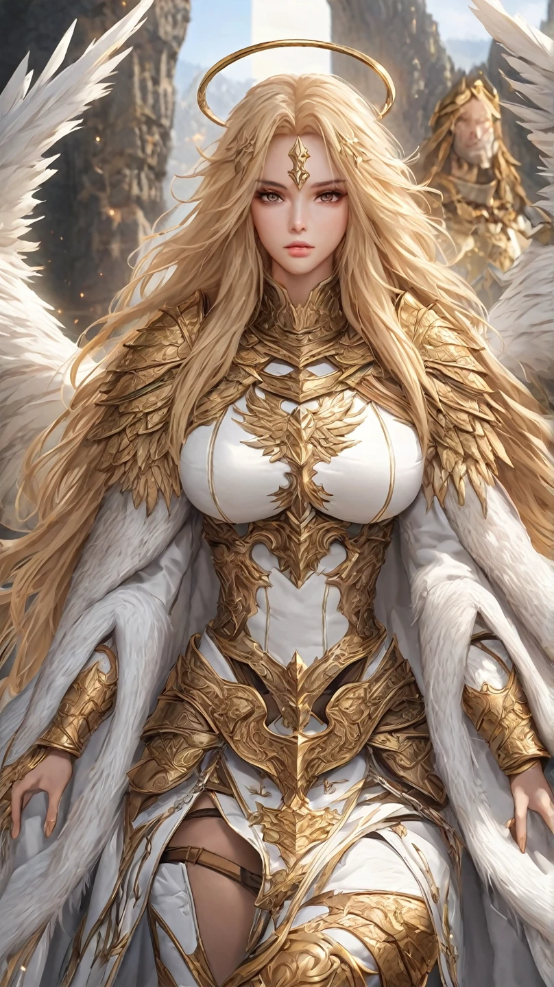  Best quality , fantasy,  Cinematic image , detailed image,  detailed body ,  detailed face, detailed beautiful golden eyes, very long fluffy golden hair , long fluffy eyelashes,  Beautiful woman ,  Big chest , Angel, knight, guardian, Slavic appearance,  athletic build , крылья Angelа,  full length 