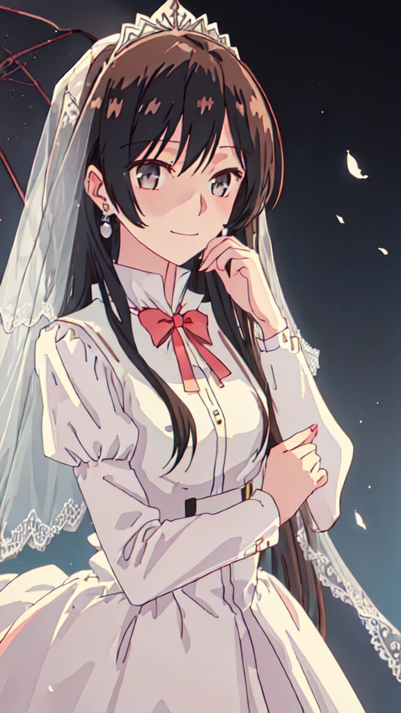 best quality, masterpiece, highres, solo, {mi_touko_yagatekimininaru:1.15}, long_hair, black_hair, bangs, bow, ribbon, grey_eyes, 1girl, anime_coloring,  closed_mouth, looking_at_viewer,, smile, black_eyes, shirt, portrait, white_bow, 1girl, dress, solo, gloves, jewelry, wedding_dress, brown_hair, necklace, veil, earrings, white_dress, bridal_veil, tiara, bride, realistic, pearl_necklace, looking_away, hair_bun, bridal gauntlets 