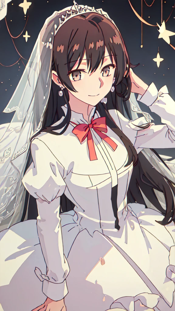 best quality, masterpiece, highres, solo, {mi_touko_yagatekimininaru:1.15}, long_hair, black_hair, bangs, bow, ribbon, grey_eyes, 1girl, anime_coloring,  closed_mouth, looking_at_viewer,, smile, black_eyes, shirt, portrait, white_bow, 1girl, dress, solo, gloves, jewelry, wedding_dress, brown_hair, necklace, veil, earrings, white_dress, bridal_veil, tiara, bride, realistic, pearl_necklace, looking_away, hair_bun, bridal gauntlets 