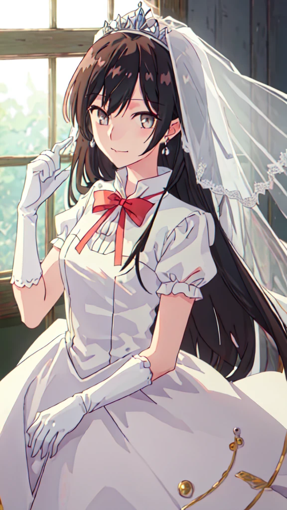 best quality, masterpiece, highres, solo, {mi_touko_yagatekimininaru:1.15}, long_hair, black_hair, bangs, bow, ribbon, grey_eyes, 1girl, anime_coloring,  closed_mouth, looking_at_viewer,, smile, black_eyes, shirt, portrait, white_bow, 1girl, dress, solo, gloves, jewelry, wedding_dress, brown_hair, necklace, veil, earrings, white_dress, bridal_veil, tiara, bride, realistic, pearl_necklace, looking_away, hair_bun, bridal gauntlets 