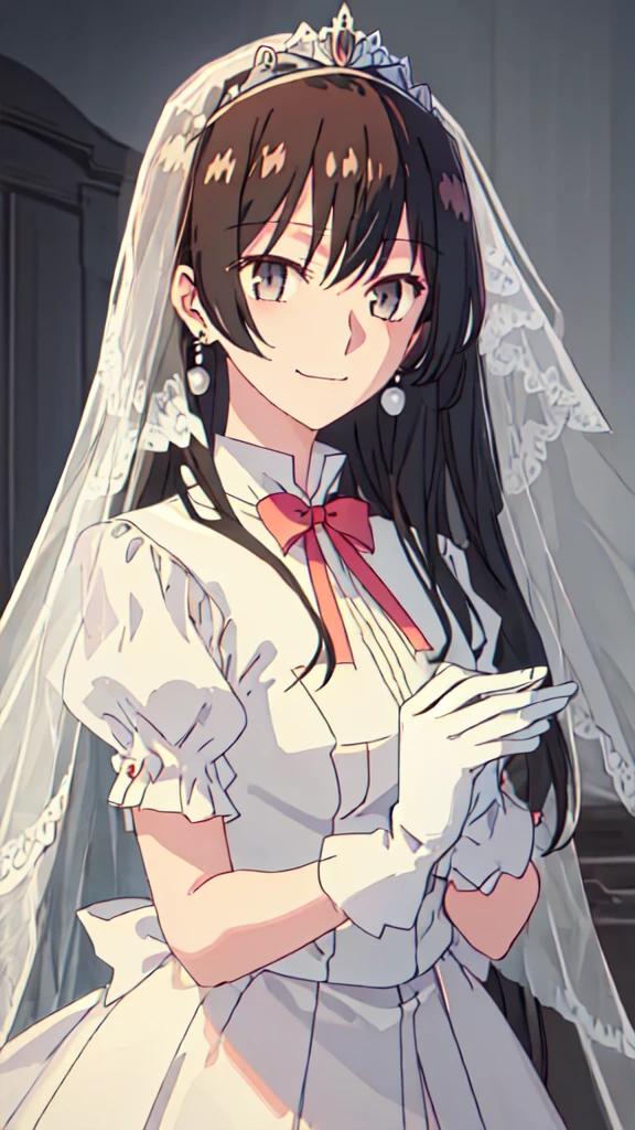 best quality, masterpiece, highres, solo, {mi_touko_yagatekimininaru:1.15}, long_hair, black_hair, bangs, bow, ribbon, grey_eyes, 1girl, anime_coloring,  closed_mouth, looking_at_viewer,, smile, black_eyes, shirt, portrait, white_bow, 1girl, dress, solo, gloves, jewelry, wedding_dress, brown_hair, necklace, veil, earrings, white_dress, bridal_veil, tiara, bride, realistic, pearl_necklace, looking_away, hair_bun, bridal gauntlets 