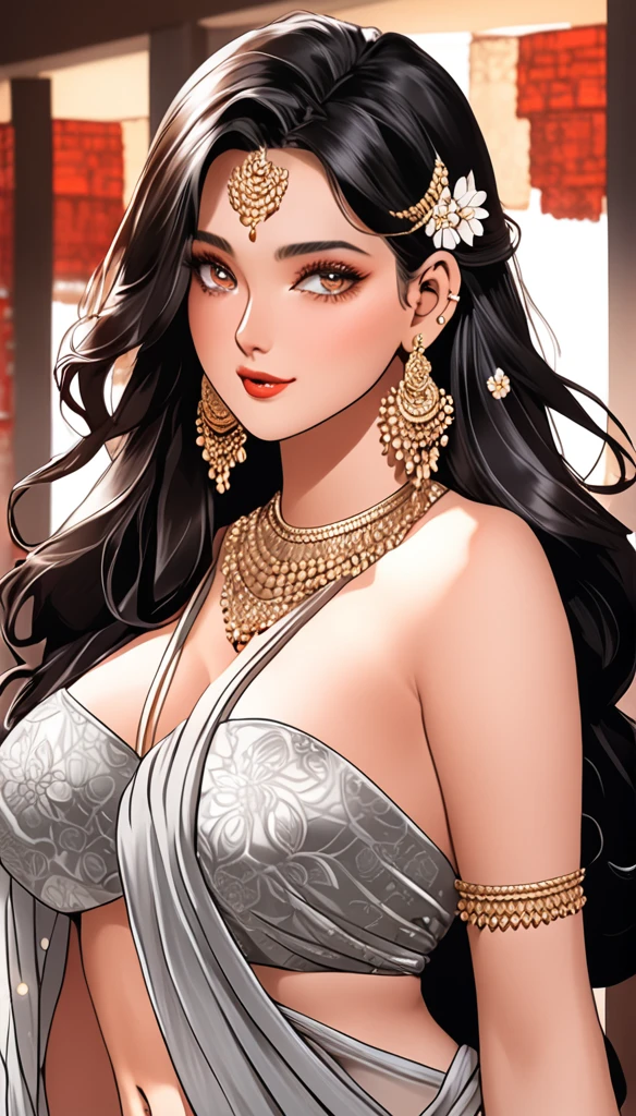 (Comic illustration)Renowned actress at the age of 28 wearing a provocative silver saree braless, large oversized hoops earrings, long hair ,big saggy breasts ,face makeup, beautiful, alluring, necklace,white skin ,ear piercing 