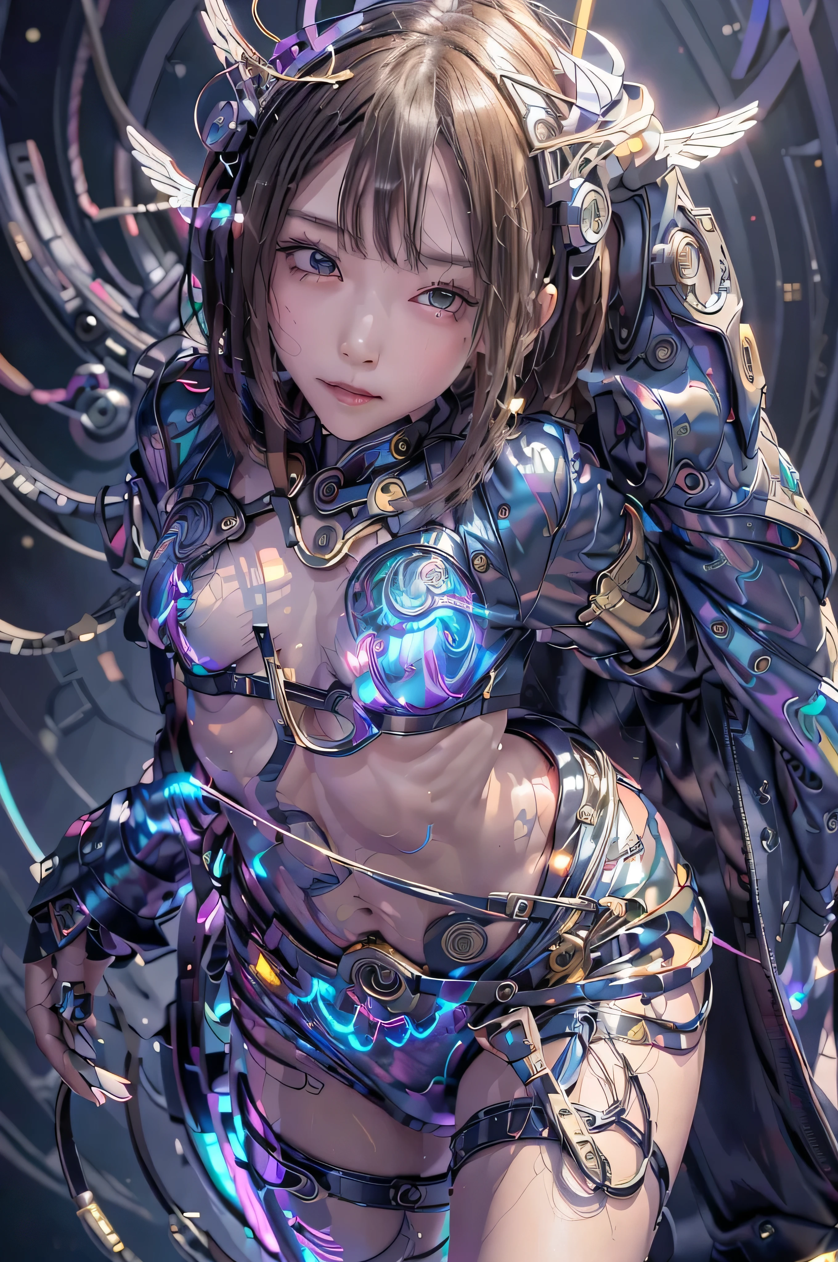 cyborg,  girl, 美しい girl, cute,  sexy, strong, slender, delicate, smile, (Costume),  high leg,  metallic , Ultra Color, Paisley,   headgear , Mandala,  Near future , heaven, Angel, Fater, wing,  helix lamp