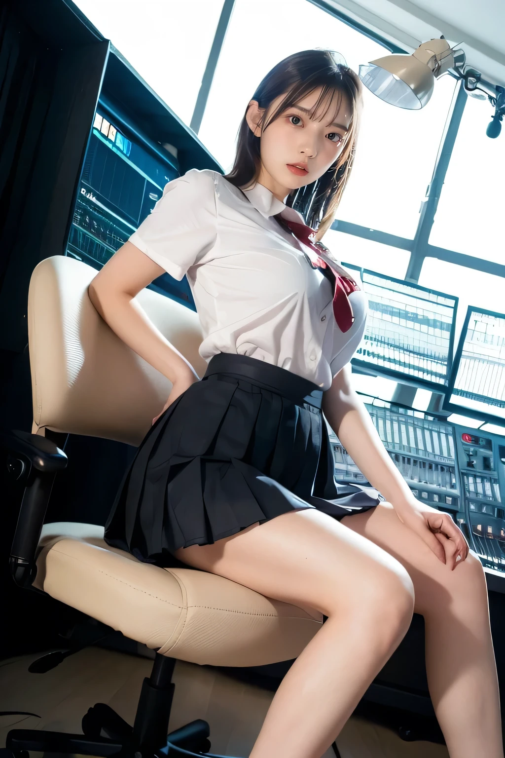(Remote Play), OL、((Secretary uniform)),White collared shirt、Black tight mini skirt、Office Lady、Inside the company、 (close your eyes, Open your mouth, Slouching posture), 1 Female, solo, 19 years old, Put your hands behind your back、 Ideal body proportions, Erect nipples, Sexy Body, Black-haired, , Slender, Large Breasts, Beautiful feet, Thin legs, Surrealism, Cinema Lighting, Depth of written boundary, First Person View, debt/1.8, 135mm, んdebtdebt, Tabletop, Accurate, Anatomically correct, Textured skin, Super Detail, Attention to detail, high quality, Awards, 最high quality, High resolution, 8k