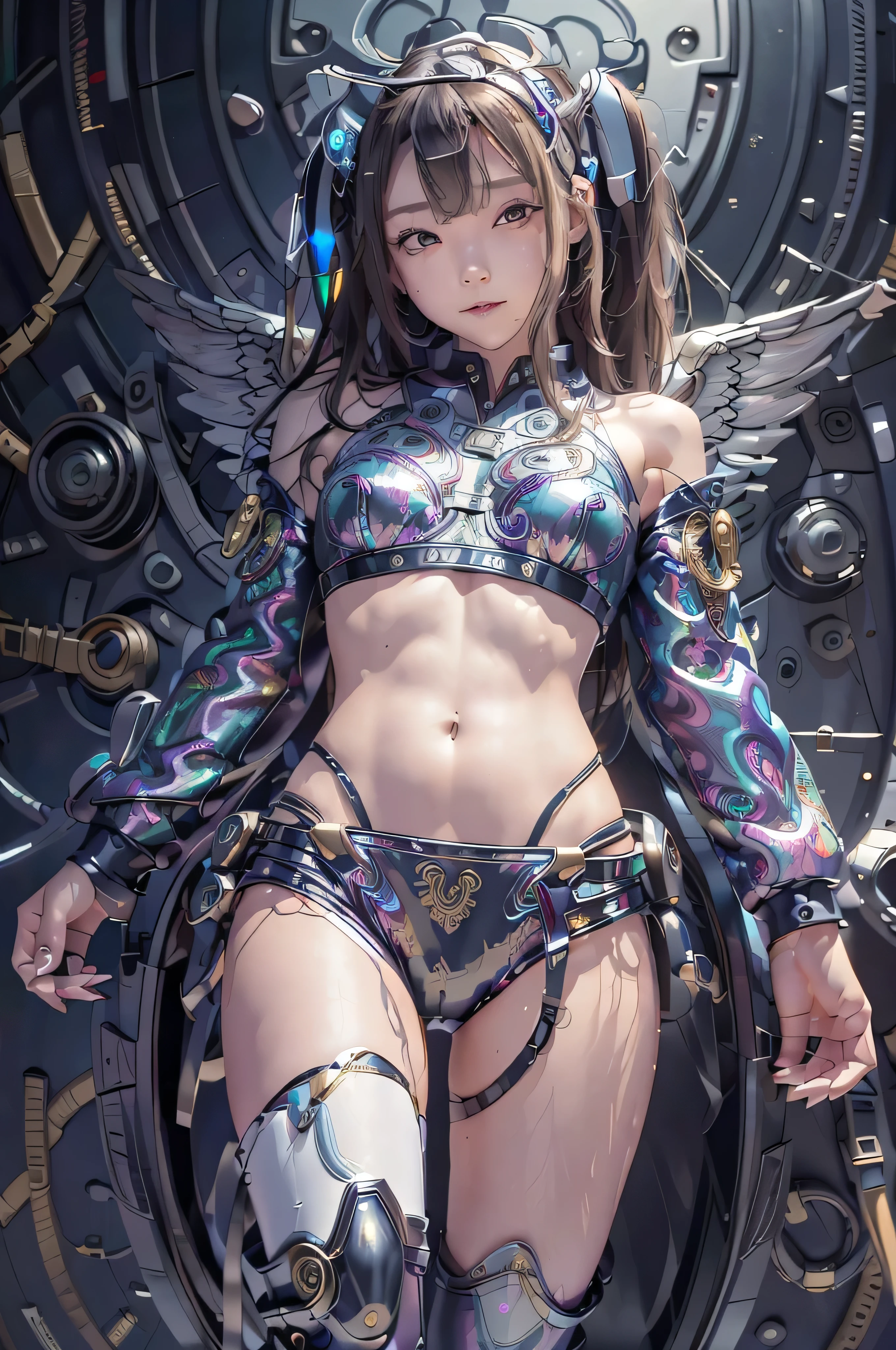 cyborg,  girl, 美しい girl, cute,  sexy, strong, slender, delicate, smile, (Costume),  high leg,  metallic , Ultra Color, Paisley,   headgear , Mandala,  Near future , heaven, Angel, Fater, wing,  helix lamp