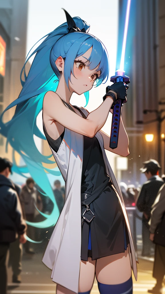 ((masterpiece,Best Quality:1.3,best quality illustrations)),cowboy shot,1woman,adult,(ponytail),straight long hair,light_blue hair,(very small head:1.2),bangs,gorgeous eyes,brown eyes,blush,(very long body:1.1),small breasts,(dark blue Tank mini dress,white_thighhighs),navy blue fingerless gloves,slender body,toned body,shiny skin,(With a glowing sword、 holding a blue lightsaber hold the handle of the sword correctly:1.2、Accurately drawn hands:1.2),Fighting posture with a sword 、on street,Shinjuku、Tokyo、