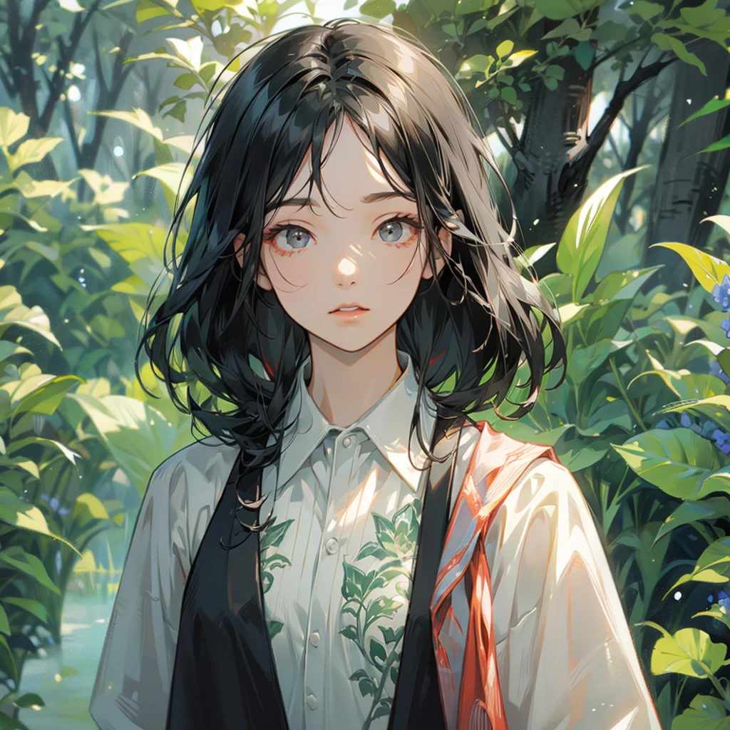 Background forest　Black Hair　 with an adult-like face 