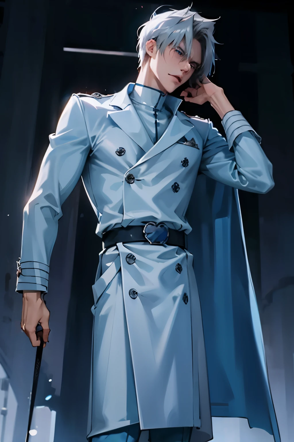 A tall, lean, muscular male Quincy warrior with sharp features, short, tousled silver hair, and glowing blue eyes. He wears a dark blue Quincy coat with silver trim and a high collar, fitted white tunic beneath, and dark blue trousers tucked into white combat boots. 