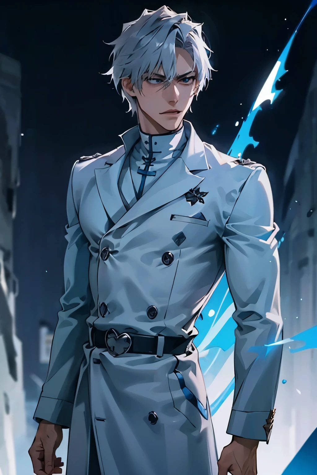 A tall, lean, muscular male Quincy warrior with sharp features, short, tousled silver hair, and glowing blue eyes. He wears a dark blue Quincy coat with silver trim and a high collar, fitted white tunic beneath, and dark blue trousers tucked into white combat boots. 