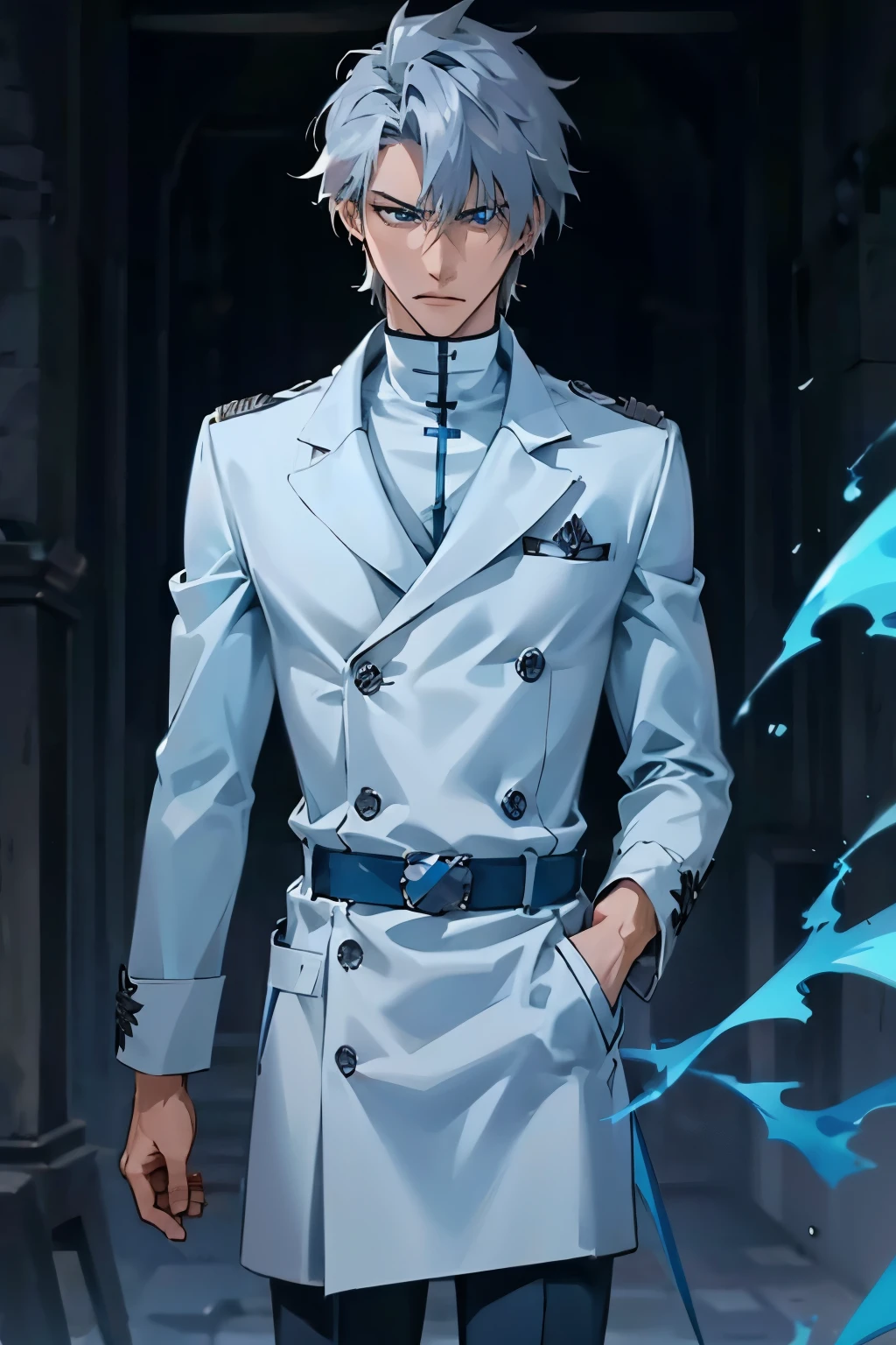 A tall, lean, muscular male Quincy warrior with sharp features, short, tousled silver hair, and glowing blue eyes. He wears a dark blue Quincy coat with silver trim and a high collar, fitted white tunic beneath, and dark blue trousers tucked into white combat boots. 